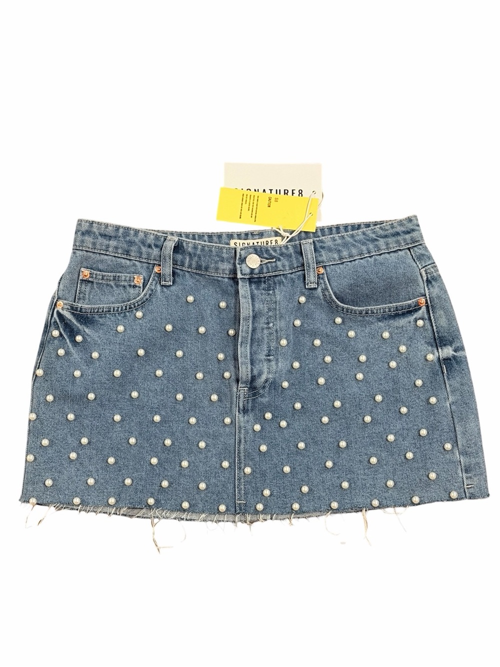 Signature8 Pearl-Studded Denim Mini Skirt - Blue
